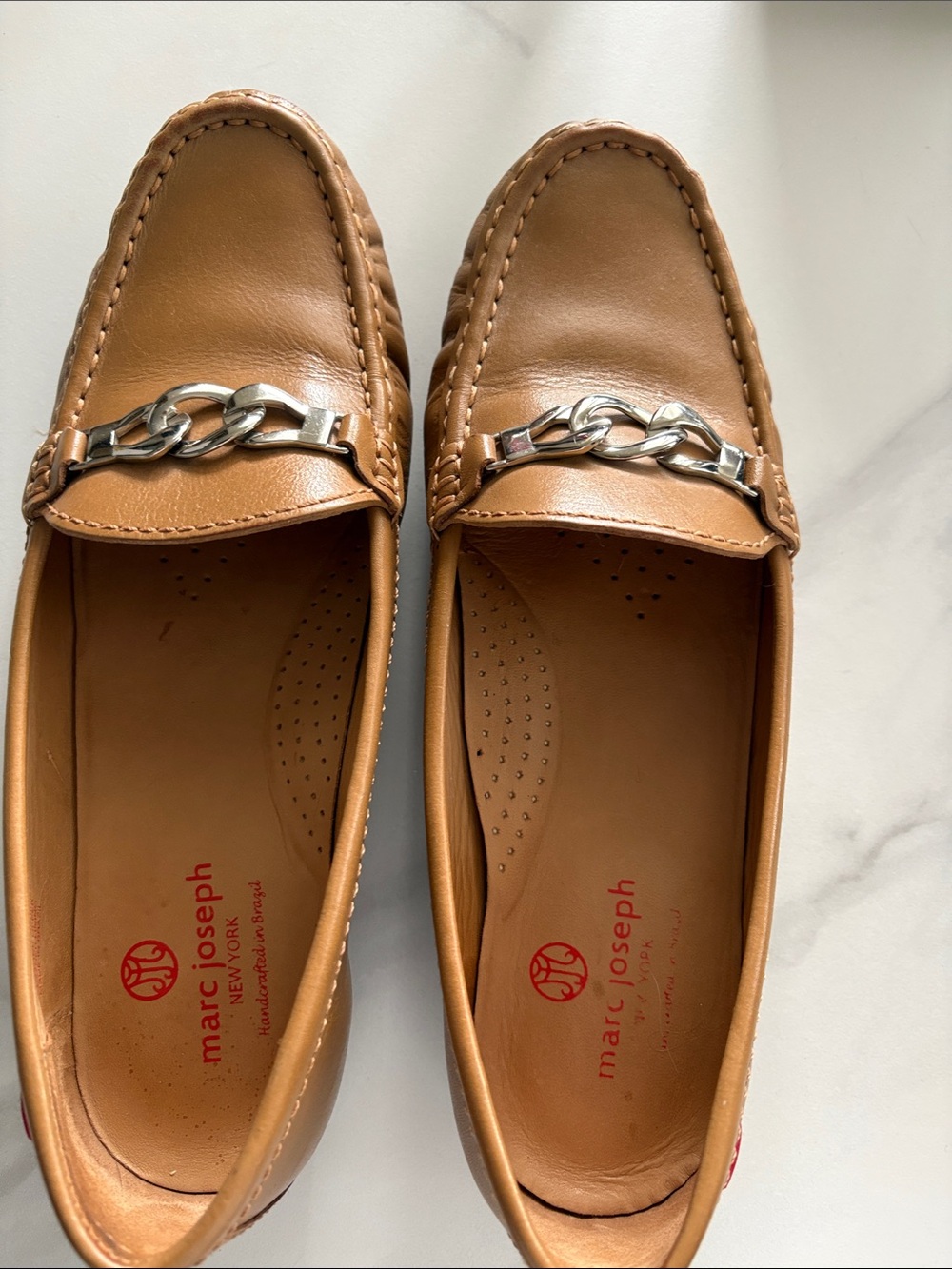 Marc Joseph Tan Leather Loafers with Silver Chain Accent